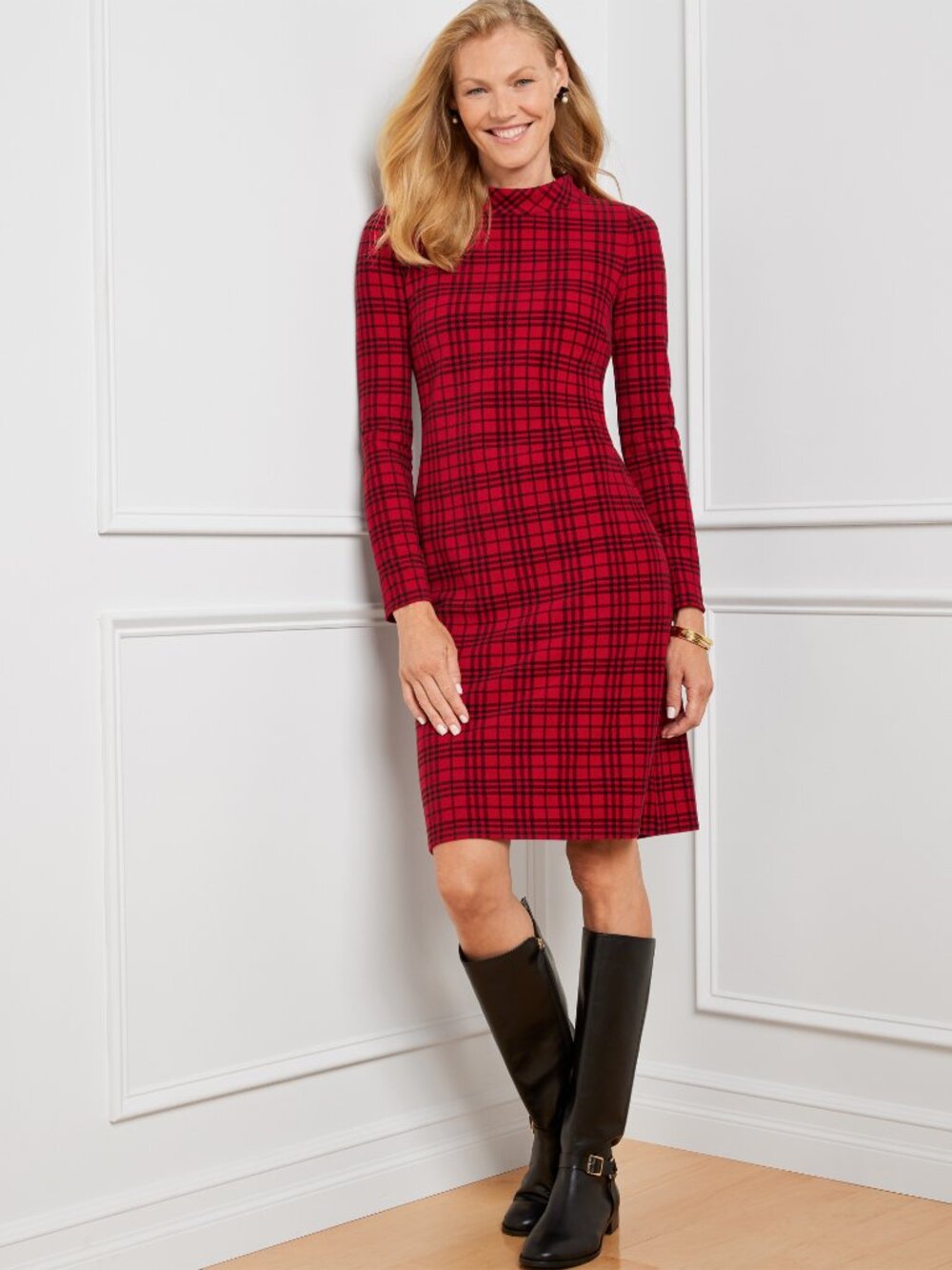 Windowpane Plaid Mockneck Dress - Picture 1 of 3
